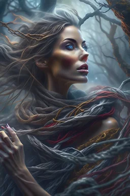 A beautiful woman is gasping for air as she is cought up in Multiple entanglements between a twisted thin piece of cloth as part of many twisted and spiraling branches disappearing into the distant mist, epic photo, sharp on highly detailed skin with wrinkles and high contrast, photorealistic, 4K, 3D, realism, hyperrealism, detail, good lighting, detailed texture, modern photography style, 3D, 4D, 4K