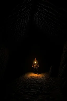 character in semi-darkness, on the scree cone of an underground room dimly lit by daylight coming from a well located forty meters above.