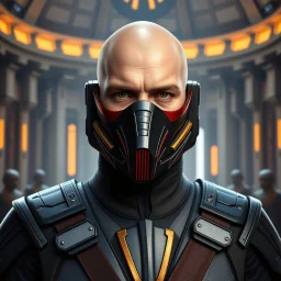 bald male corellian jedi wearing gunmetal grey and black old republic armored flightsuit and breath mask with gold and metallic red trim inside the jedi temple, centered head and shoulders portrait, hyperdetailed, dynamic lighting, hyperdetailed background, 8k resolution, volumetric lighting, light skin, fully symmetric details