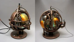 steampunk sphere with tubes, pipes, and wires floating in deep space, detailed