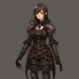 pretty girl, age 25, brown hair, black, european, armour, full-body