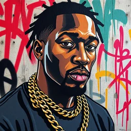 A black man wearing a gold chain, graffti art
