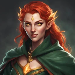 Generate a dungeons and dragons character of the face and body of a female high-elf sorcerer with red hair and golden eyes. She is smirking and glowing with magical energy. She looks mischievous. She is wearing a dark green cloak.