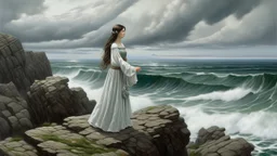 A woman in a traditional white dress with a patterned hem stands on a rocky shore, looking out at a vast, choppy sea under a dramatic, cloudy sky. The landscape is rendered in earthy tones with hints of green and blue, and scattered rocks dot the foreground and midground. The woman's long, dark hair flows in the wind, and she is adorned with necklaces and a headpiece. The overall mood is one of solitude and contemplation against a powerful natural backdrop.