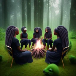 Octane render. Ultra realistic photo .a group of women.five young black women sitting around a fire. Black Sisters. Sitting and Standing together. the face of A young black woman. A wood nymph emerging from the forest. Her hair looks like vines. Dreadlocs. Her skin is the colour of dark soil. Her skin looks like tree bark. Her clothing is made of vines, grass and leaves.