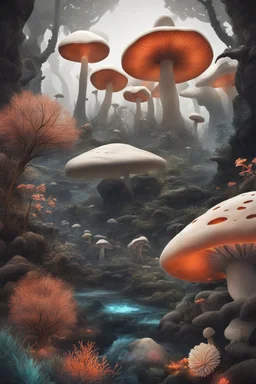 Exotic Flora, fauna, mushrooms, fungi and coral at the End of the Multiverse black liquid Land