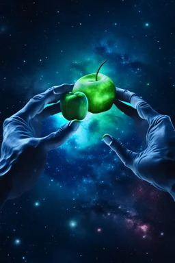 two aliens hands trying to grap an apple in the universe with stars in the background