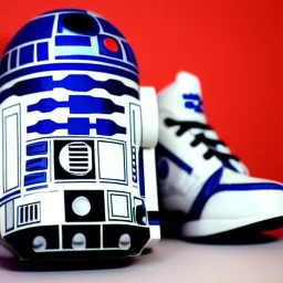 star wars r2d2 sneaker, 35mm camera, magazine advertisement, realistic shot 3/4 view from the lateral front