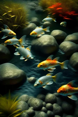 Generate an image of fishes who are in water with beutiful stone and water