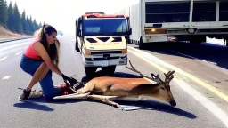 lady giving CPR to injured deer on highway I90 in front of a LARGE BUDGET MOVING Truck