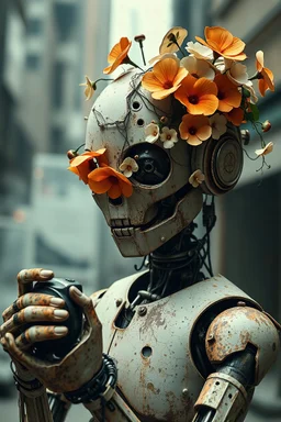 looking at camera forget me not white and orange flowers and vines growing out of broken rusty sitting robot head two parts in one art magic world without light, collage postcard postapocalypse abandoned horror city street ink painting, . , double exposure surreal legend aura artistic masterpiece portrait cinematic magic art dynamic intricated pose abstract expressionism mannerism lights and shadows intricated play dynamic movement detailed petals texture Kuindzhi Dan Mumford Andy Kehoe expressi