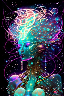 Goddess man of music with holographic images, stars, planets, crescent moon, musical notes, musical notation, particles, all floating around her head and body): iridescent turquoise metal, pink and gold optic fibre hair, robot, electric, neon, nebula, light shards, iridescent galaxy metal, glowing tendrils and threads for hair, electric wires, hair swirling and billowing, lighting effects, neon blue synth wave patterns, by addie digi, pearlescent, digital background, shiny