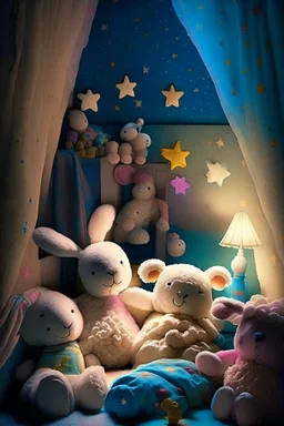 In a cozy child's room, nestled between colorful walls and fluffy pillows, lived a group of enchanting toys who magically came to life each night. Plushie the Sheep, Stardust the Star, Bubbles the Bunny, and Snuggles the Teddy Bear were the best of friends.