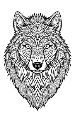 a Wolf. centred flat minimalistic black and white high contrast line drawing, coloring book style, {prompt}, (white sky, white clouds,mandala style, white hair, white objects, white clothing, white fur, white skin, white terrain, white scales), blank white background.