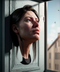 Realistic image, super giant woman head inside a house, looks out through the open windows. people on the street are watching him, soft color, highly detailed, unreal engine 5, ray tracing, RTX, lumen lighting, ultra detail, volumetric lighting, 3d, finely drawn, high definition, high resolution.