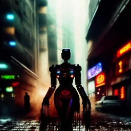 fullbody portrait painting of rusted metal canvas ,beautiful female robot, ominous, intense stare, sad eyes, post-apocalyptic in a cyberpunk city, BladeRunner movie poster, masterpiece, realistic, intricate detail, sci-fi fantasy style, volumetric lighting, particles, highly detailed ,cinamatic , deep colours,8k, by Caravaggio