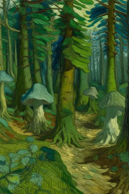 A bluish green grove with prickly mushrooms painted by Vincent van Gogh