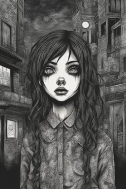 create a full body horror illustration of a dark haired, savage, gothpunk vampire girl with highly detailed , sharply defined feminine facial features, in a chaotic, turbulent, otherworldly London in the manga style of Junji Ito, precisely drawn, inked, with dramatic edges,