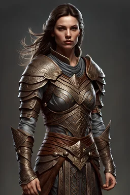 full length image of a female warrior, D&D fantasy, she has brown, mid-length hair, she has a serious expression, not wearing make-up. Intricate, highly detailed, photorealistic, artstation, concept art, sharp focus,
