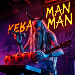 a very thin swedish viking man, evil with very long blonde hair (2 meter), (fat glowing eyes), he is called "KEBAB MAN" performing at death metal club, his name is "KEBAB MAN" kebab rolls On stage, kebab Neon lights and smog, and "KEBAB MAN" big sign on the wall, kebab tribal tattooes, spinning kebab machines, flames and smoke, chaos, he using gasolin and pour it on the kebab on the stage, to give someone/something the middle finger.