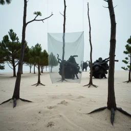 Fotografia di una scena surreale e concettuale, un'installazione. Alberi. Al centro si vede un elemento trasparente, simile a plastica sospesa. La superficie sottostante è sabbiosa, con piccole dune o accumuli di sabbia. Sullo sfondo si intravedono altre forme o strutture, alcune delle quali scure e dall'aspetto organico, hasselblad h6d400c, molto nitido, scarsamente illuminato, forte senso di ambiguità, abeti