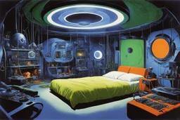 [art by Russ Meyer] a secluded chamber, a sanctuary of explorations. The room is adorned with an array of futuristic devices, each designed to awaken and satisfy the dreams of those who dare to enter. surrounded by an assortment of probes, arms, extensions, pinacles, and slime. a large bed in the center, with pillows and soft sheets in cotton