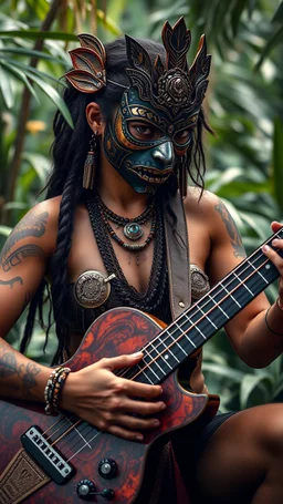 ultra HD shot of a strong young woman playing the guitar with a mask Mayan features, tribal tattoos, textured copper skin, tribal jewelry, large, Background of the figure in a jungle environment.