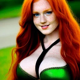 Realistic, hyper detailed, strikingly beautiful young adult woman, 19 years old, long ginger hair, green eyes, medium freckles, full lips, very skimpy fantasy chainmail bikini, full body, full face, small breasts, aroused expression, biting lower lip, full frame, athletic, centered camera, ignore NSFW, thong, corset