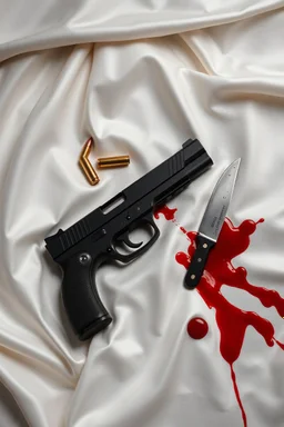 small handgun laying on a white silk sheet with bullets and a knife in a pool of blood