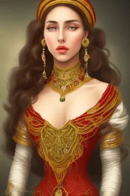 full body shot of A beautiful Arab woman with white skin, brown hair, long curly hair, red cheeks and lips, wearing an elegant red dress from the Victorian era, wearing a necklace and earring made of green sapphire and gold