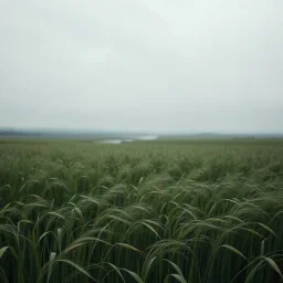 Melancholic, ultra-realistic photograph of a vast field swaying gently in the wind, delicate green stalks moving like waves, soft light of a cloudy sky, subtle haze in the distance, a lonely river glimmers faintly between the fields, atmosphere of quiet sadness and timeless beauty, cinematic, hyper-detailed, emotional and mesmerizing