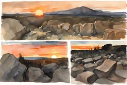 Sunset, rocks, mountains, rocky land, epic, winslow homer watercolor paintings