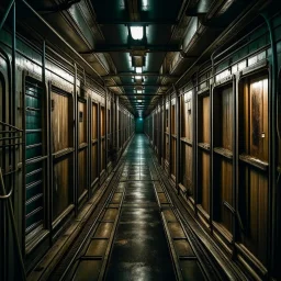 dark long corridor below decks metal walls on a gloomy cargo ship