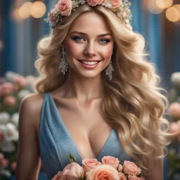 (best quality, 4k, 8k, highres, masterpiece:1.2), ultra-detailed, (realistic, photorealistic, photo-realistic:1.37),hyper realistic, gorgeous smiling 1woman,long hair,looking at viewer,realistic proportions,blue eyes,hair ornament,dress,very long hair,flower, blonde hair,parted lips,necklace,white dress,orange hair,lips,blurry background,freckles,realistic,head wreath,orange flower,realistic portrait