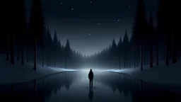 young man,dark winter night,fir forrest scenery,a small city,mist,forest,night,snow,fir tree,night ,stars,city lights on a distance,cloud,frozen lake reflections,,dramatic scene,photorealistic