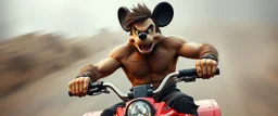 hi speed bad ass cyber punk masculine realistic mickey mouse rambo humanoid with hairy arms and chest, on quad, motion blurred background