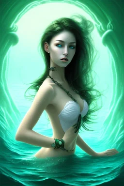 lady muse with black hair green eyes top in the ocean