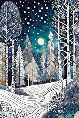 random color Zentangle patterns in the styles of Gustav Klimt ,Wassily Kandinsky, Paul Klee, and Kay Nielsen that depicts a quiet snow clad winter forest with fine ink outlining