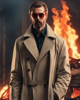 a young muscular man who looks like hans gruber wearing a trench coat and red sunglasses staring with an irritated look on his face standing in front of a fire