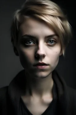 A woman in her 20s, with short dark blonde hair, gray eyes, she has a cold and menacing look in her eyes, her clothes are dark colours and she does not wear dresses
