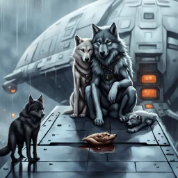 digital art front in picture an of little dark dog like creature stands and looking an anthropomorphic wolf couple sitting on the spaceship's ramp close together, the pale gray female wolf sits behind strong male wolf and puts one paw on the dark gray wolfman's shoulder, raini day, on ramp a little piece of meat lies down, high contrast, high detalied, high realistic, in background detail of an angular spaceship visible. Rain, The atmosphere is a seamless blend of sci-fi, dark fantasy