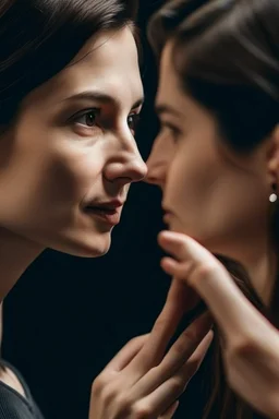 woman whispering next to a persons ear