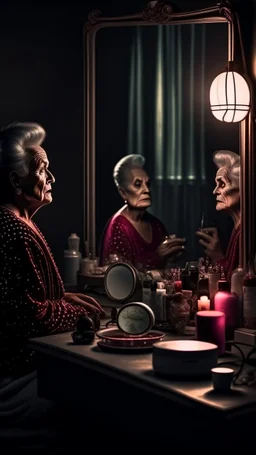 Women old. Makeup. Table with a mirror on it a lot of women makeup products , in front of the mirror sitting an old ugly woman her face is reflected on the mirror in dark misty room with dim light