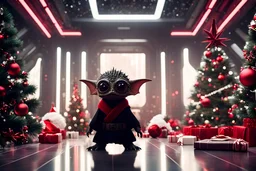 fluffy big eyed baby dragon sith lord in the big hall in second death star and a view to a star wars planet, and christmas tree and sith gifts and a few Tie Fighters, cinematic eye view, all sharp