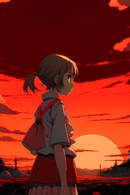 War victim girl anime Ghibli Facing back Red sky Middle point of view