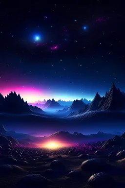 Background: An otherworldly planet, bathed in the cold glow of distant stars. The landscape is desolate and dark, with jagged mountain peaks rising from the frozen ground. The sky is filled with swirling alien constellations, adding an air of mystery and intrigue.