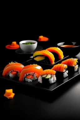 Resturant menu of sushi, sushi in the backround, black and orange