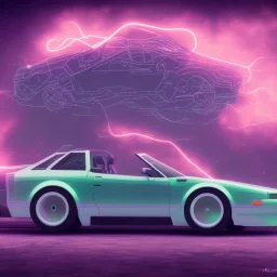 1980's aesthetic vaporwave sports car glowing in a dark field at night