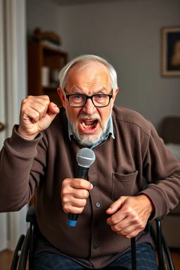 Portrait of poor angry caucasian very old senior man wearing eyeglasses and showing big fist standing at home indoor, Older Adults and Their Anger Issues, wheelchair, holding an microphone screaming