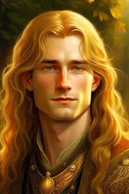 A young serene Lord Of The Rings like man with mid-length golden hair that cascades gracefully. His open eyes, with blind pupils, reflect a depth of wisdom and inner peace. A gentle smile graces his face, adding warmth to his tranquil demeanor.